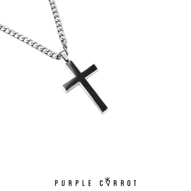 Black &amp; Silver Cross with 5mm Cuban Chain