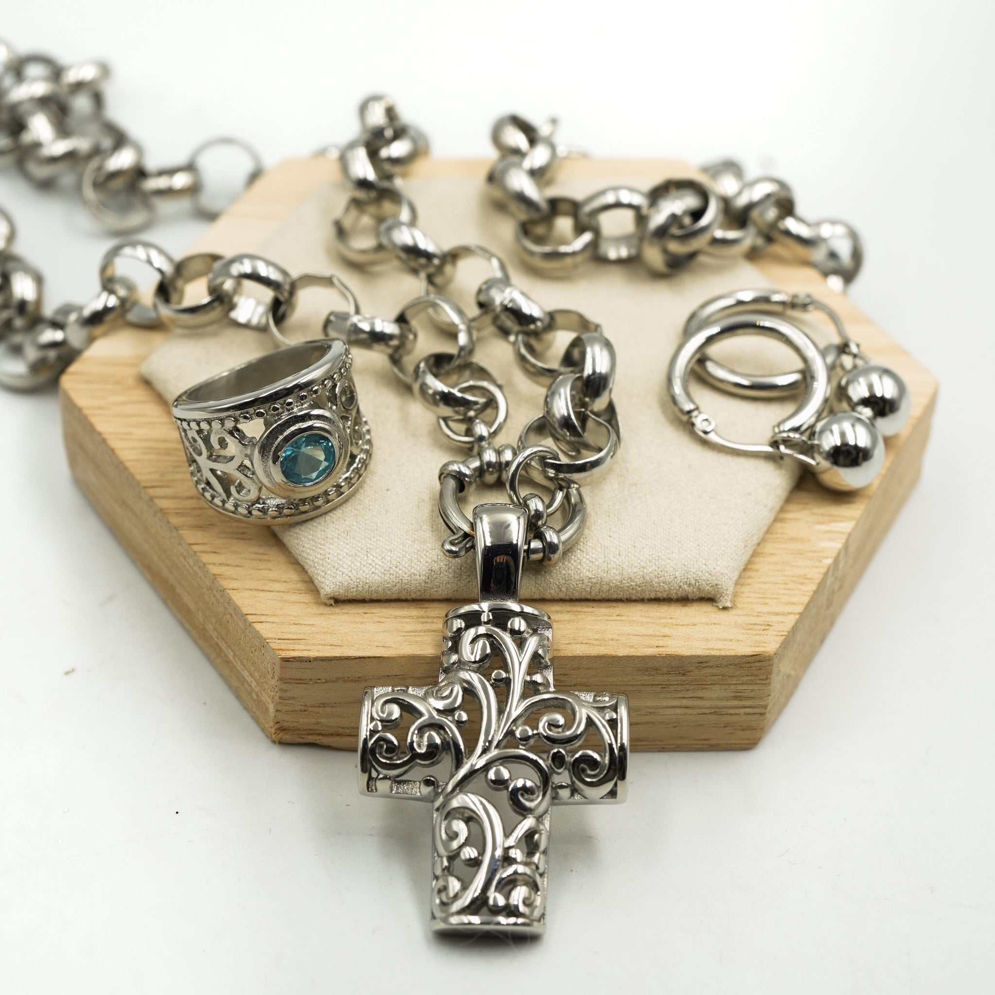 Cross Roly Poly Necklace + bracelet & Vintage pendant , earring and ring combo