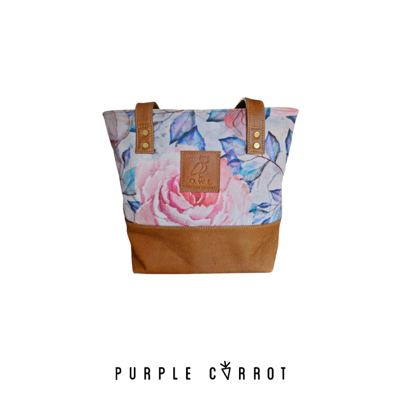 Pink &amp; blue floral &amp; caramel leather bag