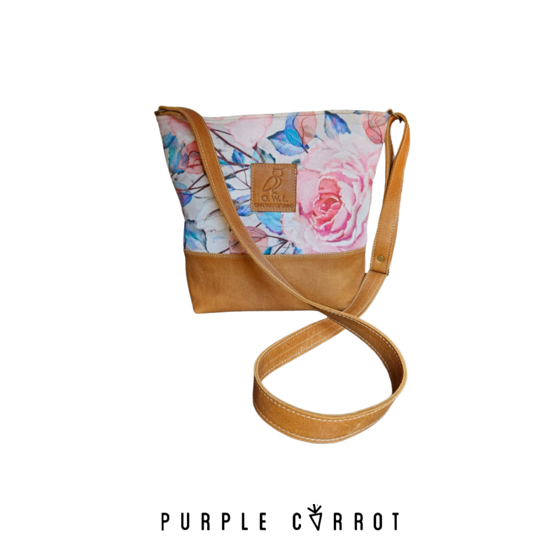 Pink &amp; blue floral &amp; caramel leather bag