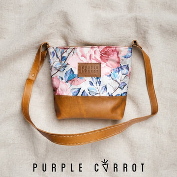 Pink & blue floral & caramel leather bag