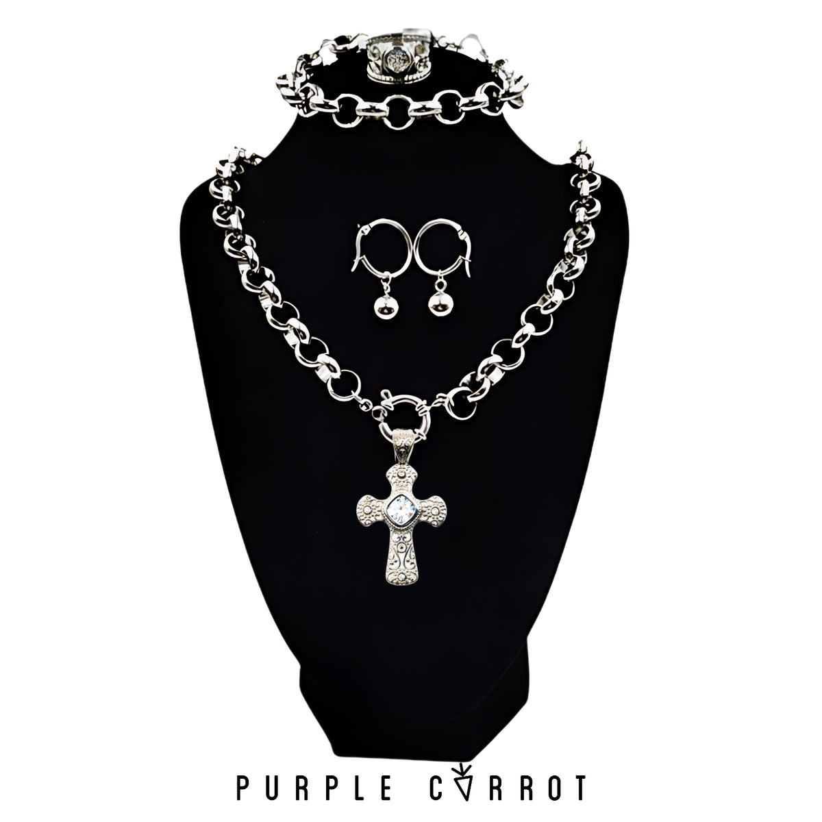 Cross Roly Poly Necklace + bracelet &amp; Stone Cross pendant , earring and ring combo