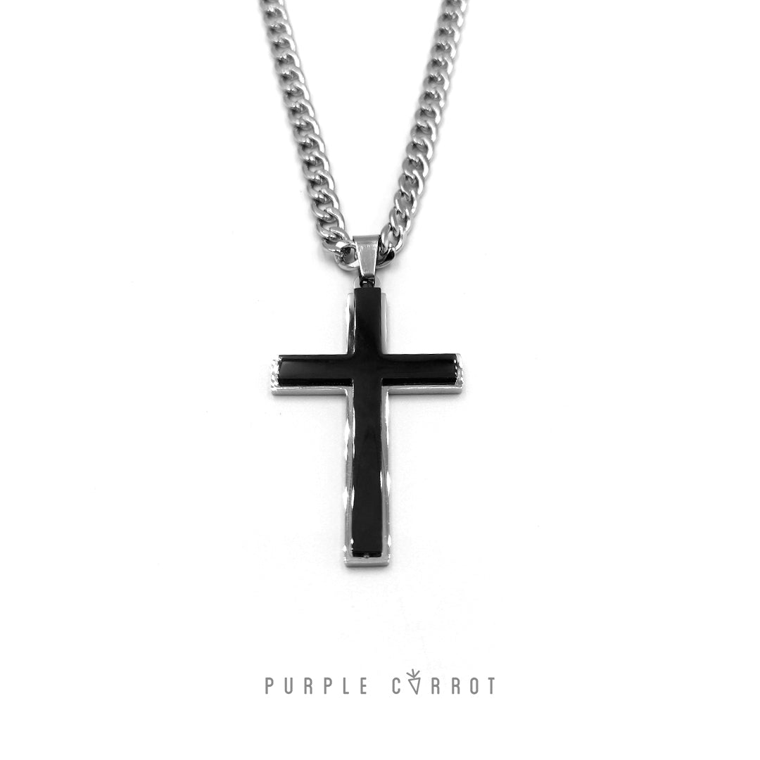 Black &amp; Silver Cross with 5mm Cuban Chain